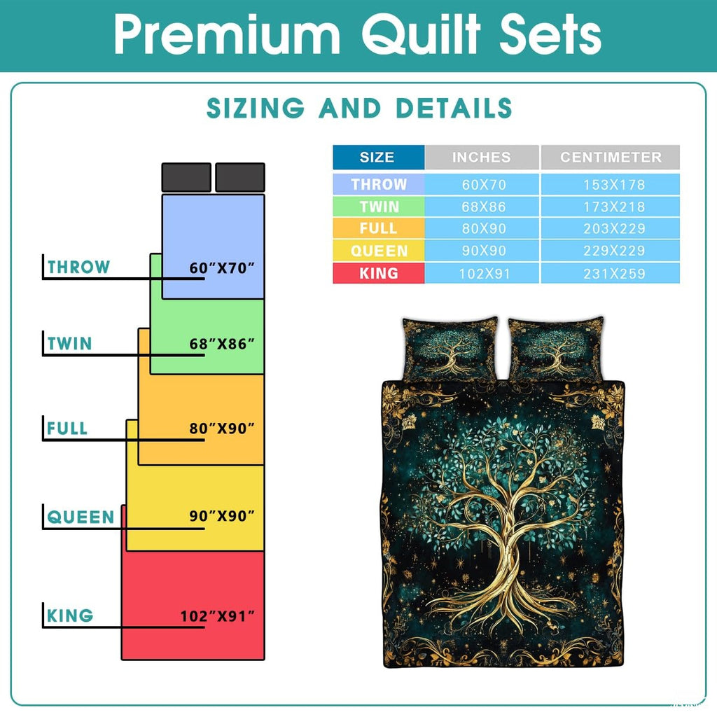 Fantasy Nature Tree of Life Quilt Set with Entwined Golden Roots And Bedroom Setting