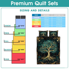 Fantasy Nature Tree of Life Quilt Set with Entwined Golden Roots And Bedroom Setting