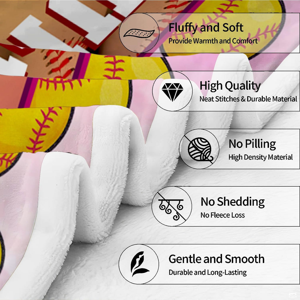 Infographic detailing high quality printing and texture highlights on sports throw blanket.