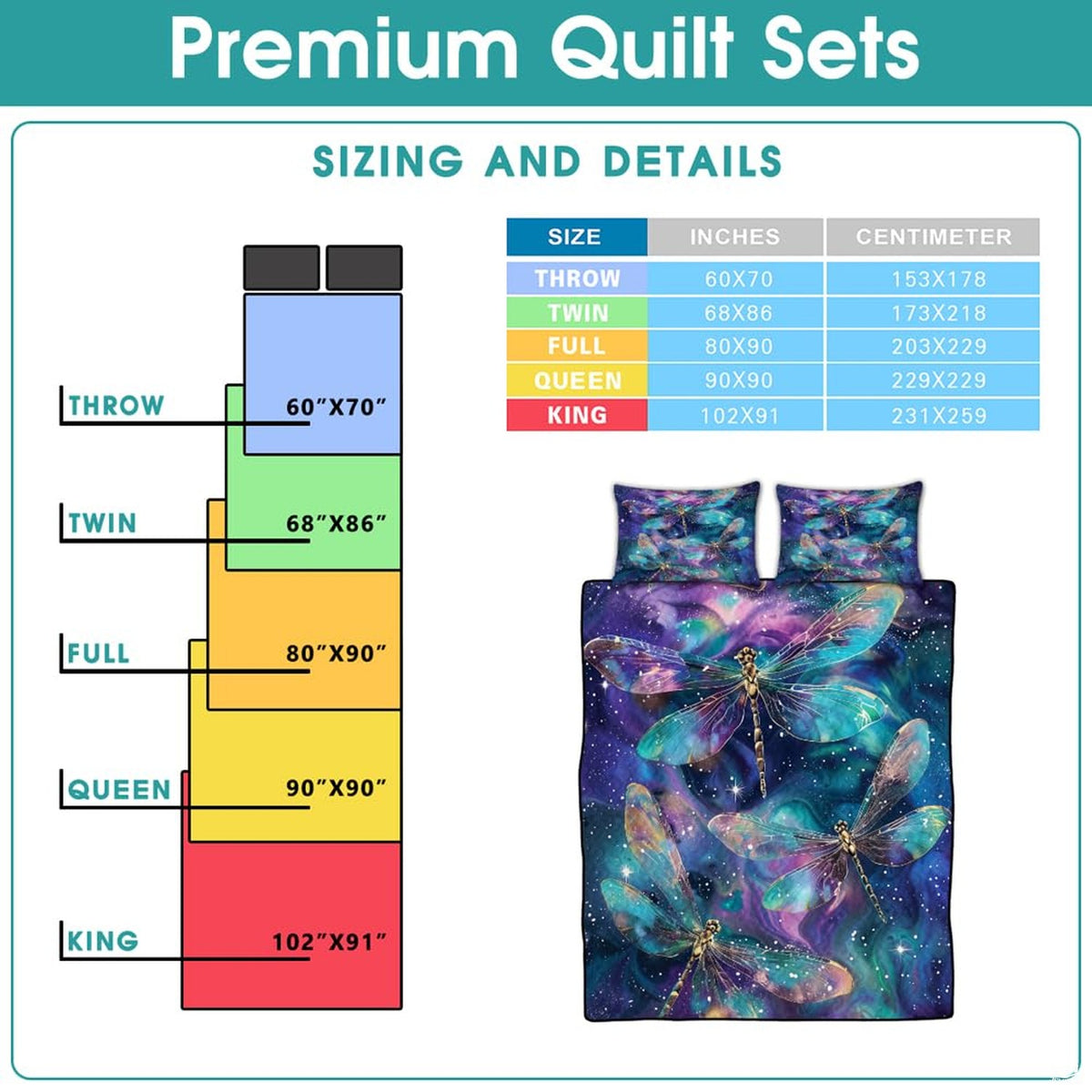 Celestial dragonfly bedding sizing infographic
