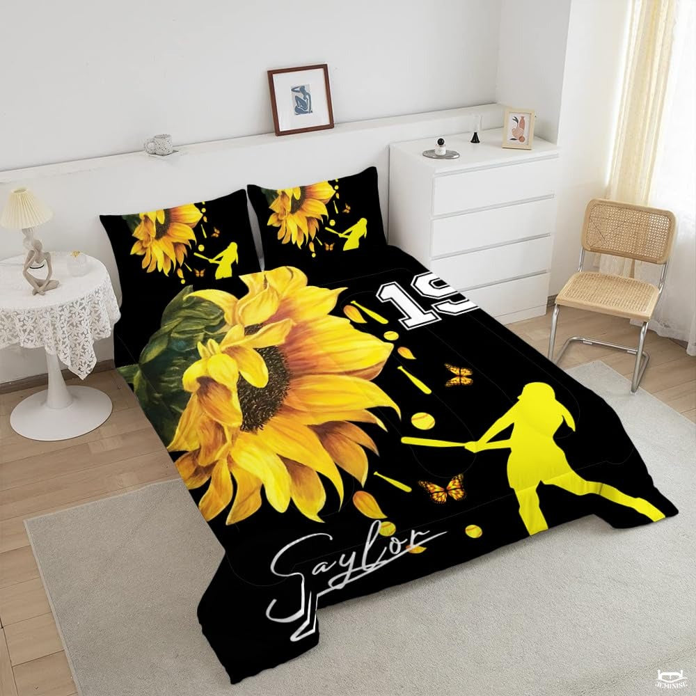 Softball Bedding Set for Softball Lover Heart Love Ball Sports Theme Comforter Girls Women Bright Teal Yellow Room Decorative Comforter Set Full Size