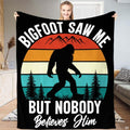 Retro sunset Bigfoot mountain throw blanket featuring Sasquatch silhouette on colorful striped mountain sunset
