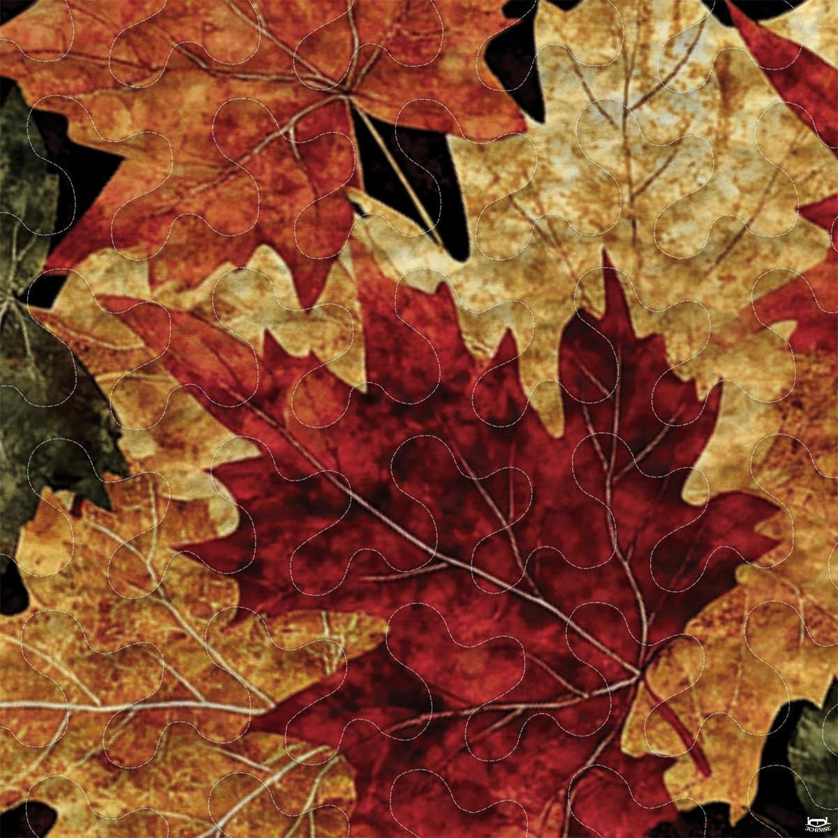 Close-up perspective of autumn bedding showing detailed maple leaf vein patterns and rich fall colors