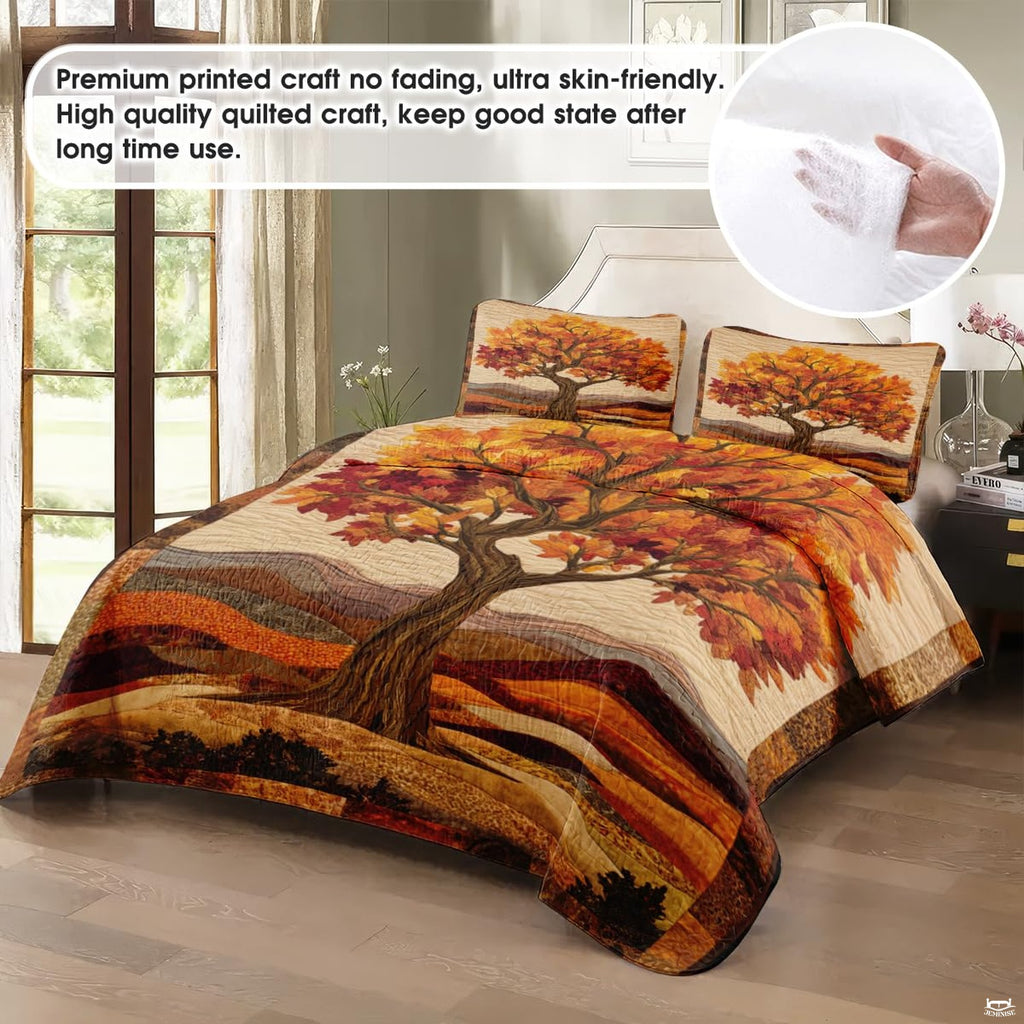 Top-down view of autumn tree bedding set highlighting detailed maple leaf branches and chestnut brown patchwork blocks.