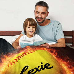 Fiery softball ball blanket neatly draped on athlete bedroom chair