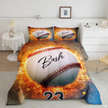 Crimson and gold baseball helmet graphic bedding set displayed neatly on a bed in a modern youth bedroom