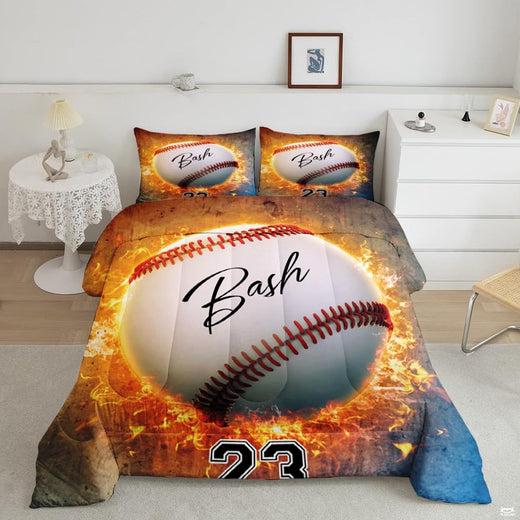 Crimson and gold baseball helmet graphic bedding set displayed neatly on a bed in a modern youth bedroom