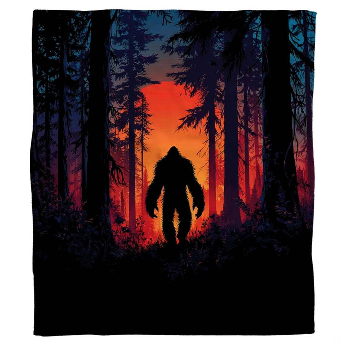 Sunset Bigfoot throw blanket view 2 highlighting fiery amber sunset and pine timber silhouettes