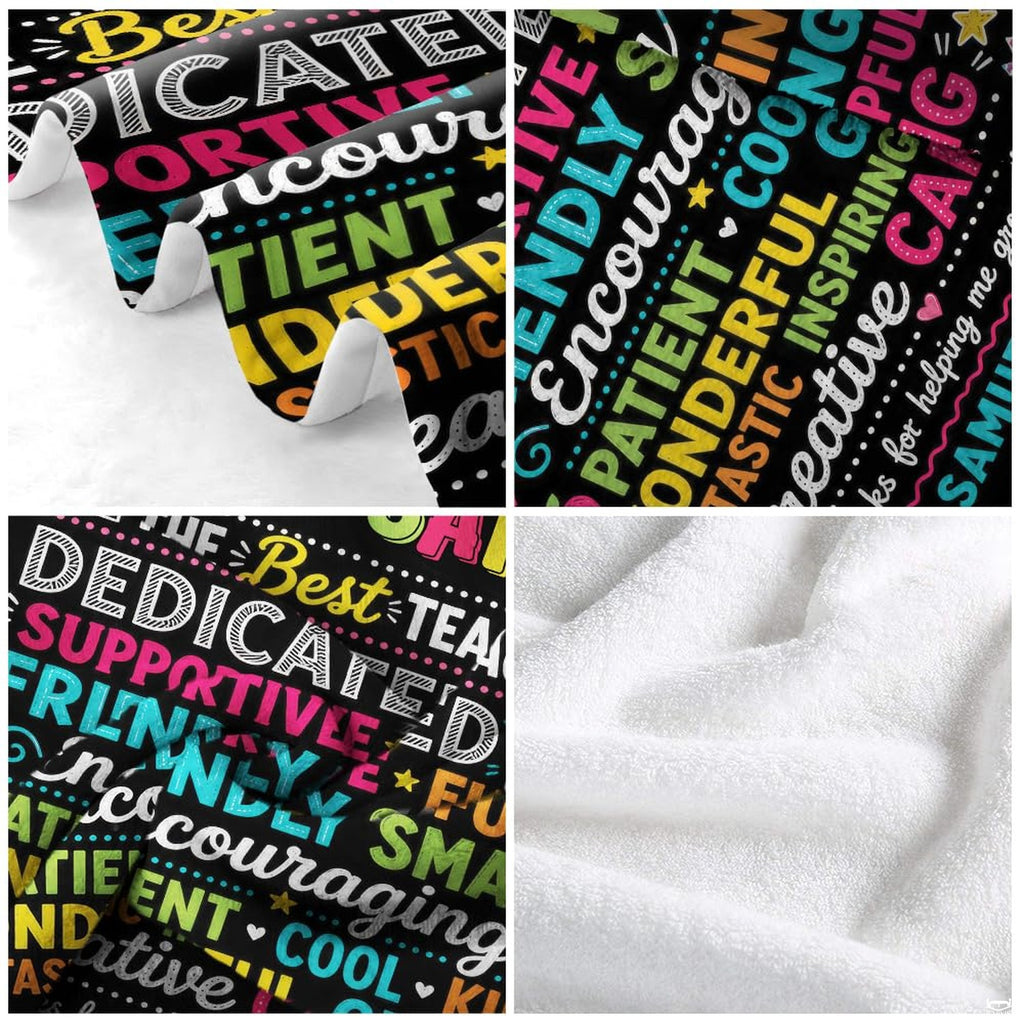 Overhead look at colorful thematic accent doodles on chalkboard backdrop bedding.