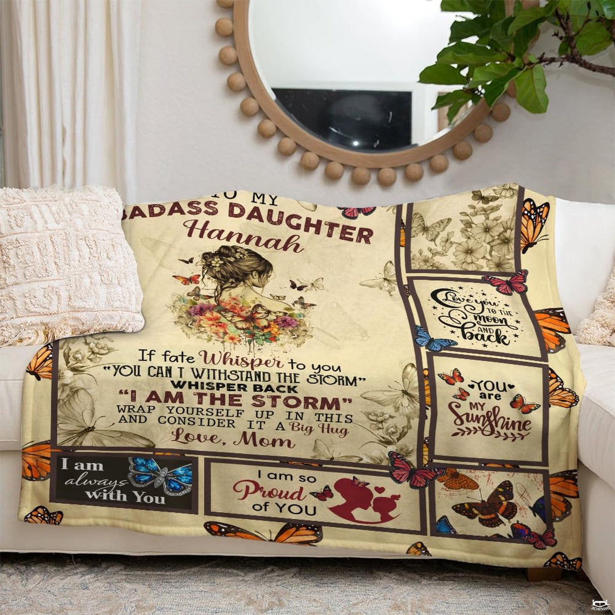 Family living room sofa styled with the multi-panel daughter keepsake throw blanket