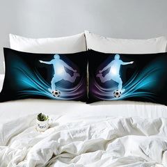 Full bedroom display of royal blue soccer bedding styled with contemporary athletic home decor accents