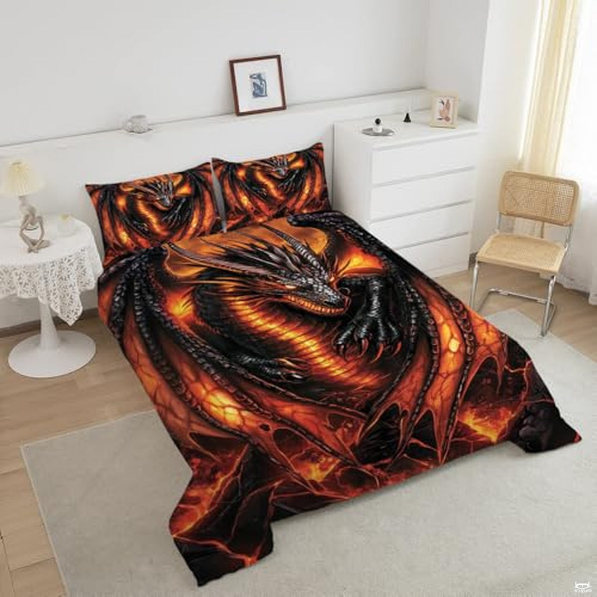 Angled bedroom view highlighting volcanic molten dragon bedding with matching printed pillow shams.