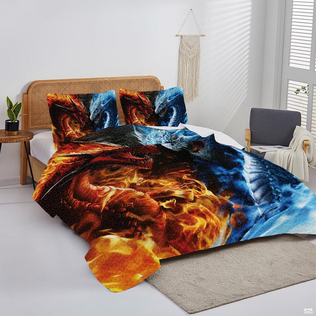 Fire and ice dragon artwork displayed on a bed in a bright bedroom