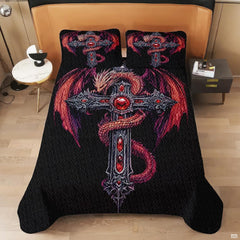 Red dragon bedroom decor styling showing intricate medieval fantasy cross illustration.