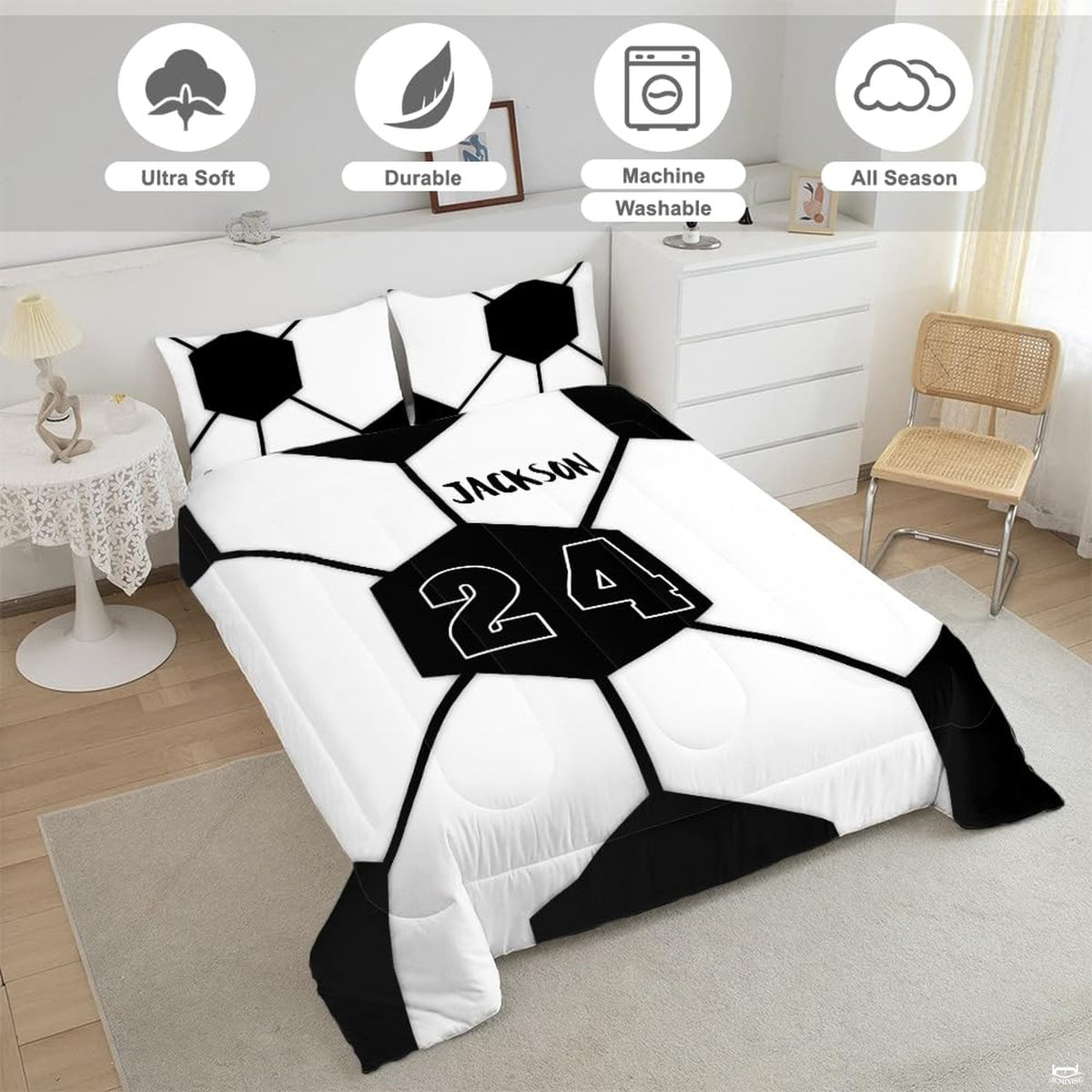 Close-up perspective of geometric soccer bedding showing crisp black panel lines on white surface