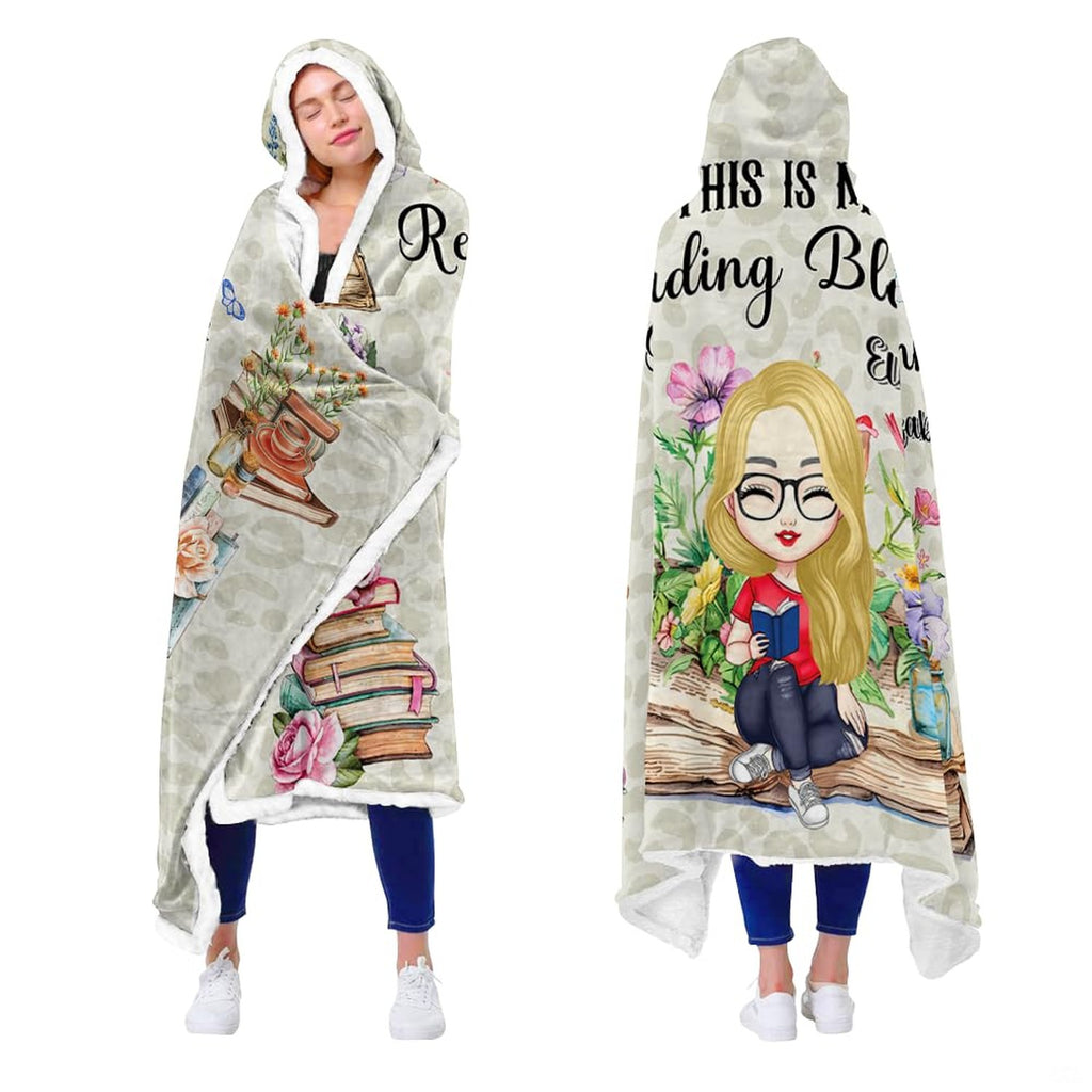 Back and side perspectives of chibi reader girl floral blanket modeled indoors.