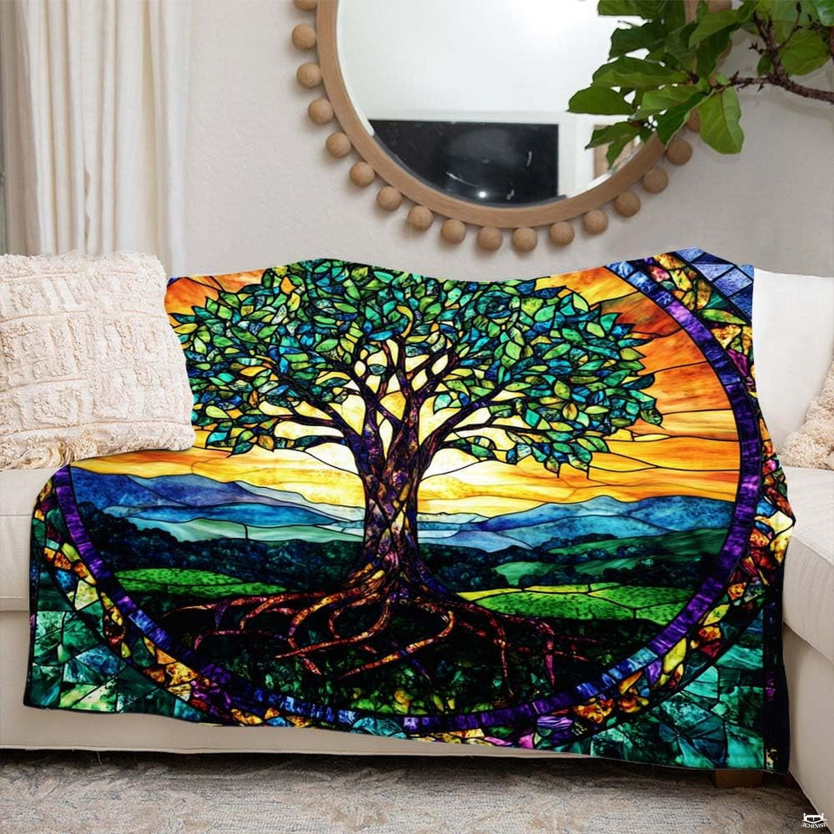 Stained glass themed throw blanket draped across contemporary indoor furniture.