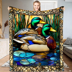 Stained glass mallard duck bedding set showcasing paired ducks on a serene pond in rich jewel tones.