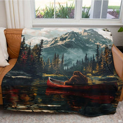 Scenic oil painting of Bigfoot fishing in red canoe on alpine lake, view 4.