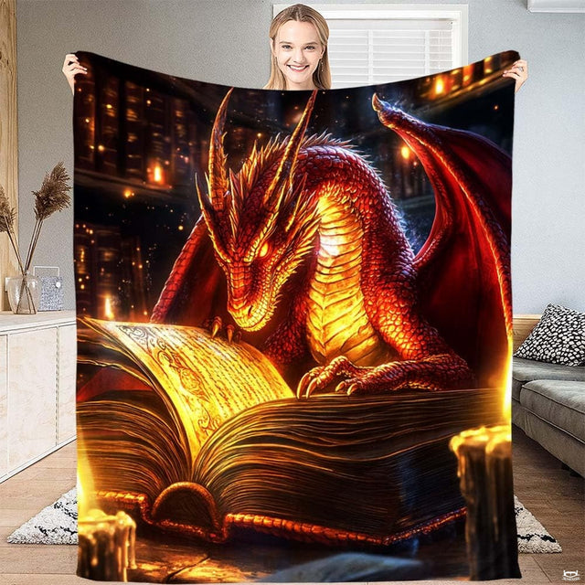 Full view of glowing red dragon reading illuminated grimoire blanket held up indoors.