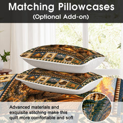 Detailed view of the hiking boot and paw print patchwork border on a rustic bedding set