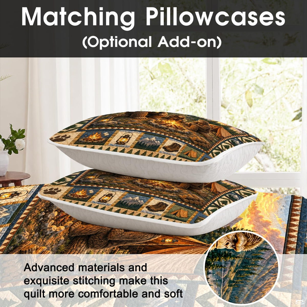 Detailed view of the hiking boot and paw print patchwork border on a rustic bedding set