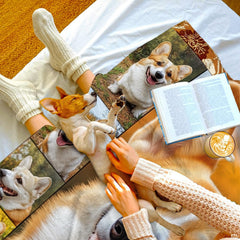 Welsh Corgi themed bedding set displayed with thematic accent earthy bedroom decor.