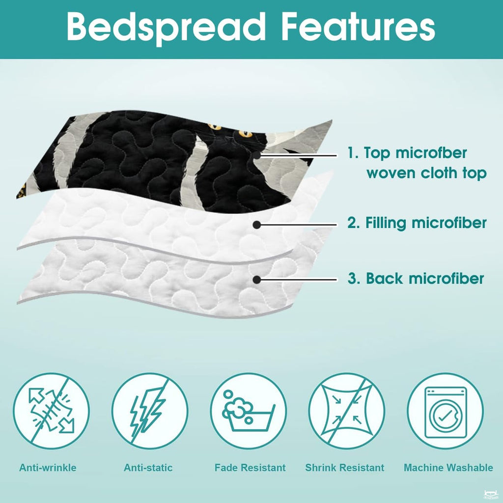 Folded presentation of black cat bedding set demonstrating sharp graphic print clarity and rich monochrome contrast.