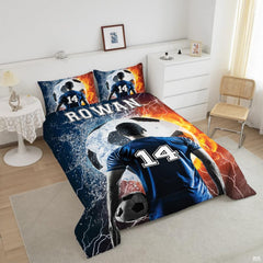 Close-up view of soccer bedding showcasing athletic cleats, soccer ball graphics, and coral tones
