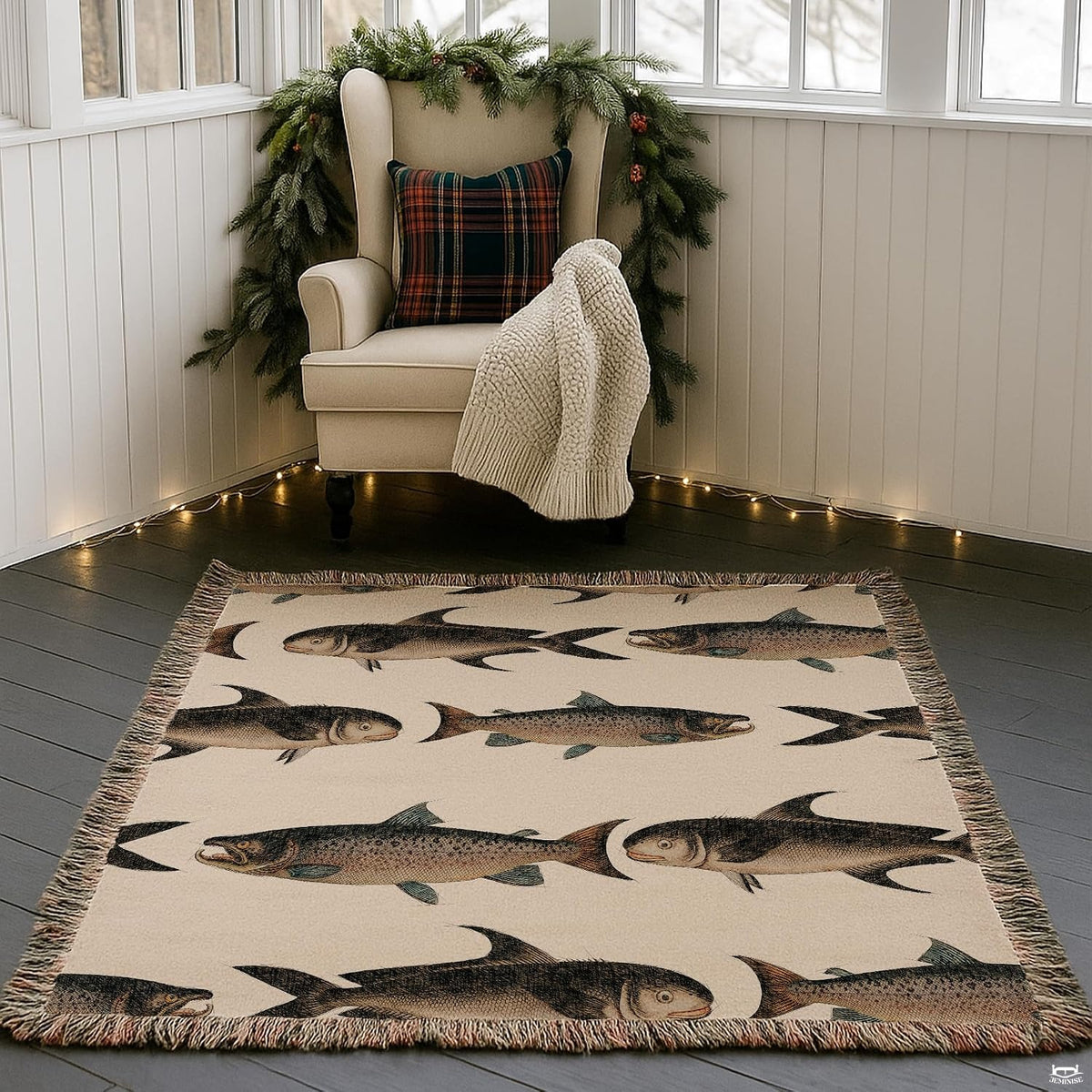 Lodge style bedroom featuring trout print bedspread decor with antique scientific fish illustrations.