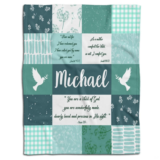 Peace dove sage green gingham blanket flat lay on white background