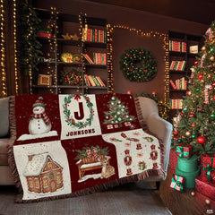 Detailed view of decorated Christmas tree and vintage red pickup truck carrying evergreens
