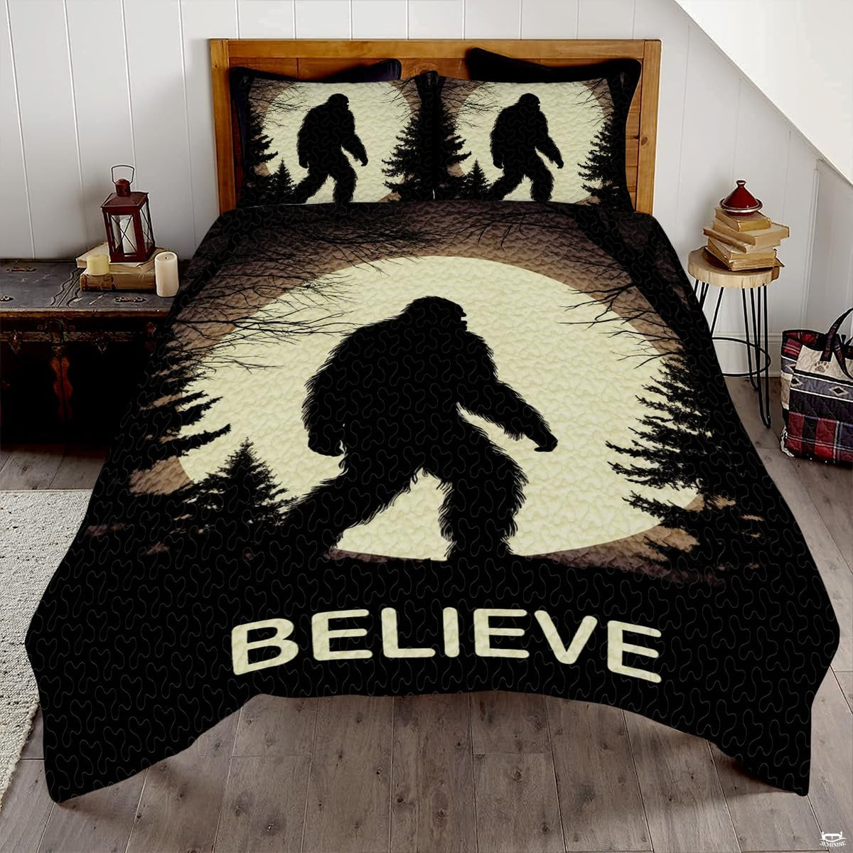 Vintage khaki Bigfoot Sasquatch woodland bedding set displayed on a bed in a rustic cabin bedroom
