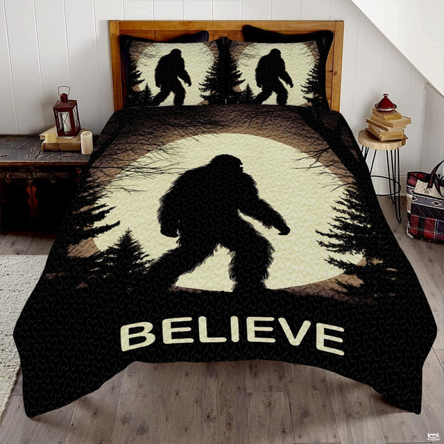 Vintage khaki Bigfoot Sasquatch woodland bedding set displayed on a bed in a rustic cabin bedroom