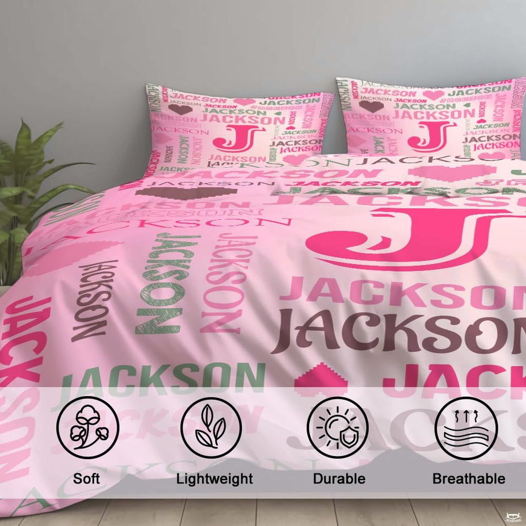 Corner perspective of bedding highlighting vibrant magenta and blush pink graphic color printing
