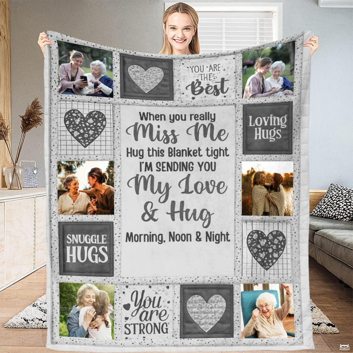 Top view of blue and white photo collage throw blanket showing complete grid composition