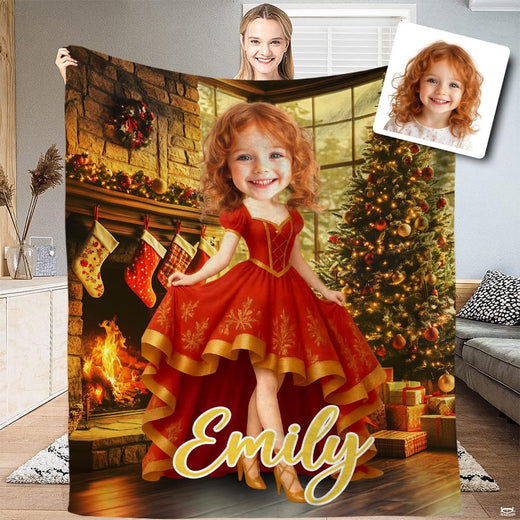 Festive holiday sheets bedding set displaying a girl in an ornate golden gown by a thematic accent fireplace.