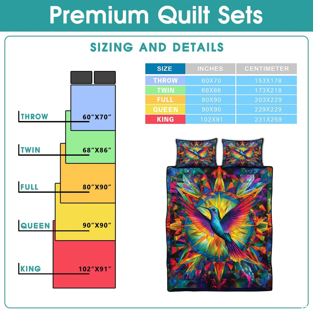 Sizing chart with small geometric hummingbird bedding artwork