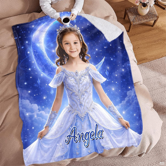 Celestial moon princess photo blanket styled across a bed in a starry night bedroom.
