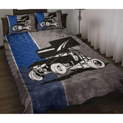 Sprint car race car bedding set featuring open-wheel motorsport artwork with aerodynamic wing in royal blue and charcoal.