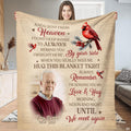 Front view of hug sent from heaven throw blanket held upright showcasing memorial cardinal artwork.