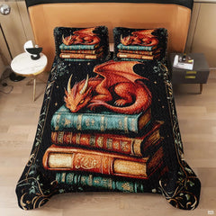 Red dragon on books bedding shown on a modern bed