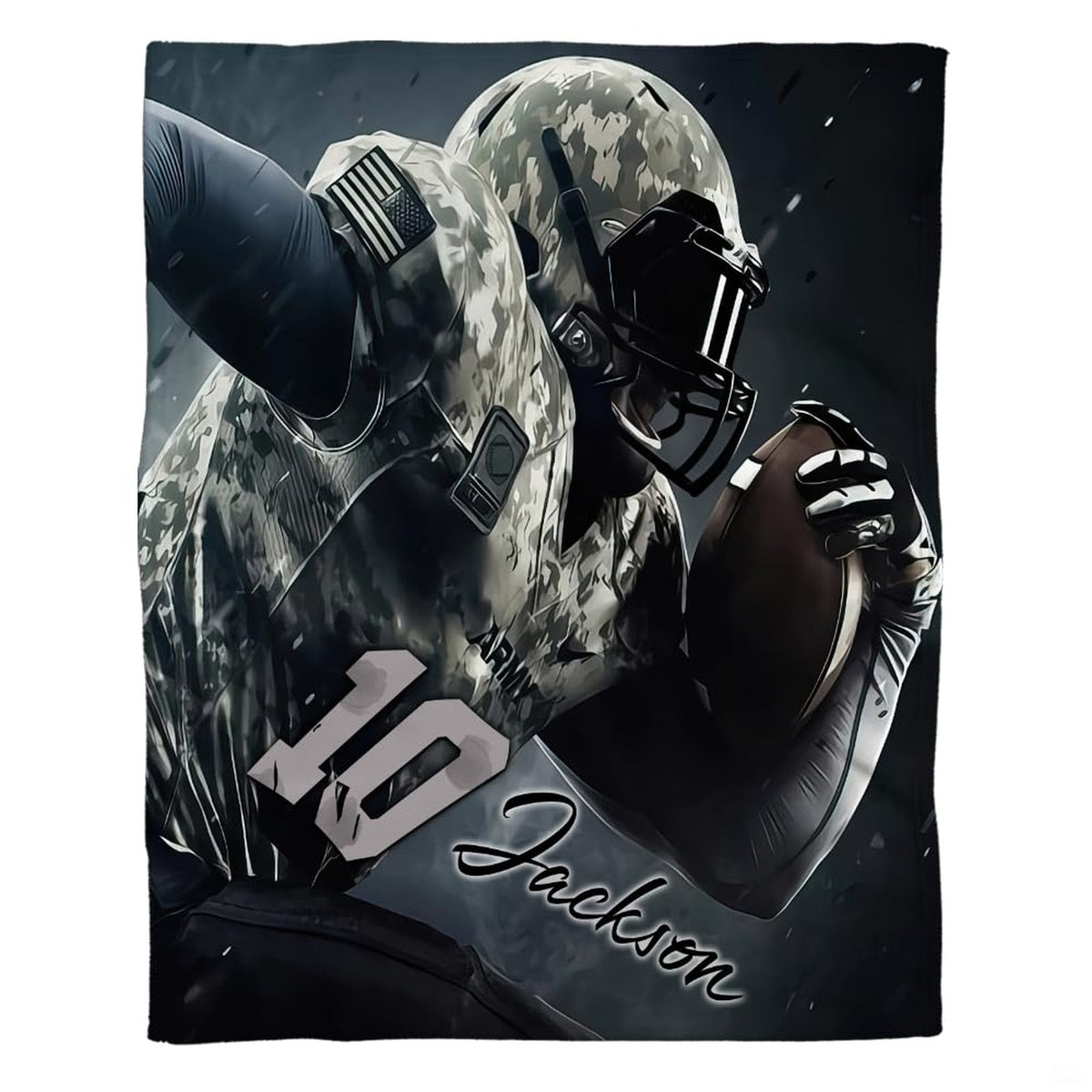 Flat view of camo football blanket displaying military uniform athlete charging forward on dark backdrop