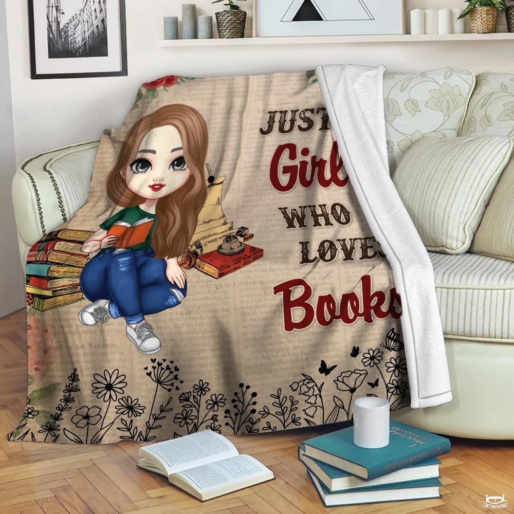Personalized Brown Hair Girl Reading with Wildflowers Throw Blanket
