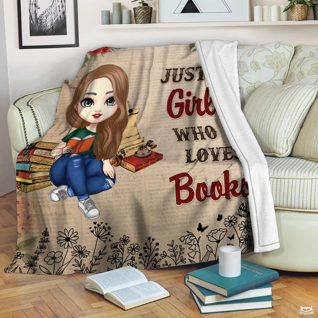 Personalized Brown Hair Girl Reading with Wildflowers Throw Blanket