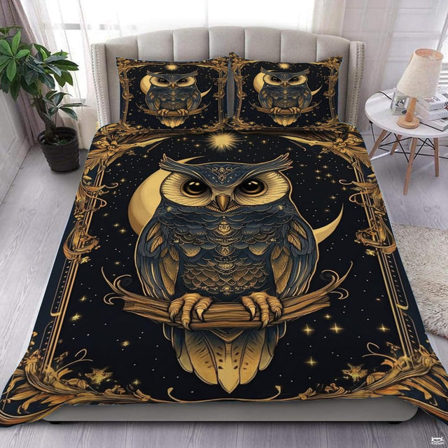 Celestial owl bedding in a bright bedroom