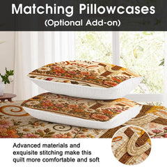 Detailed view of the draped cross and radiant sunbeams on an autumn floral bedding set