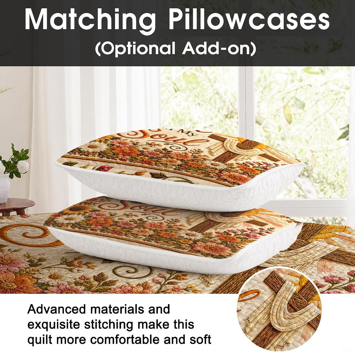 Detailed view of the draped cross and radiant sunbeams on an autumn floral bedding set