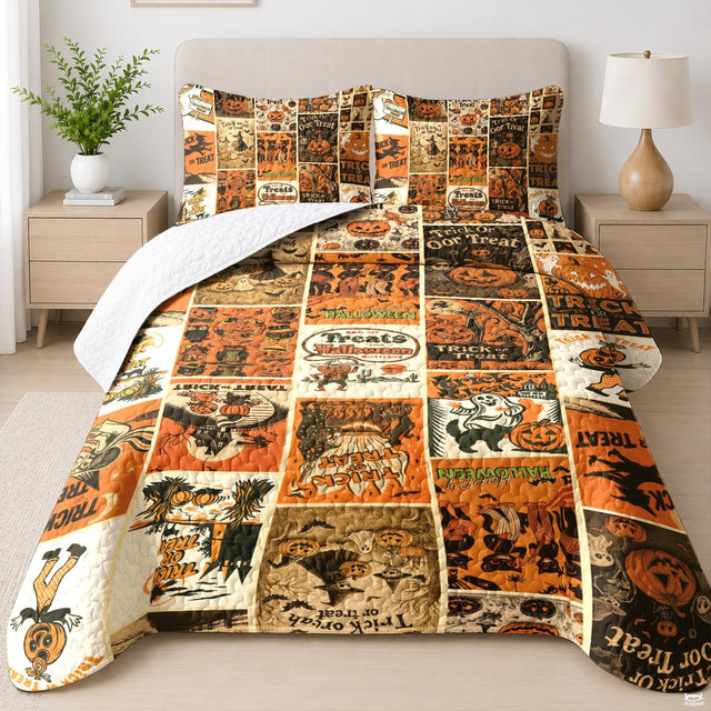Vintage Halloween patchwork retro art bedding with pumpkins - view 1