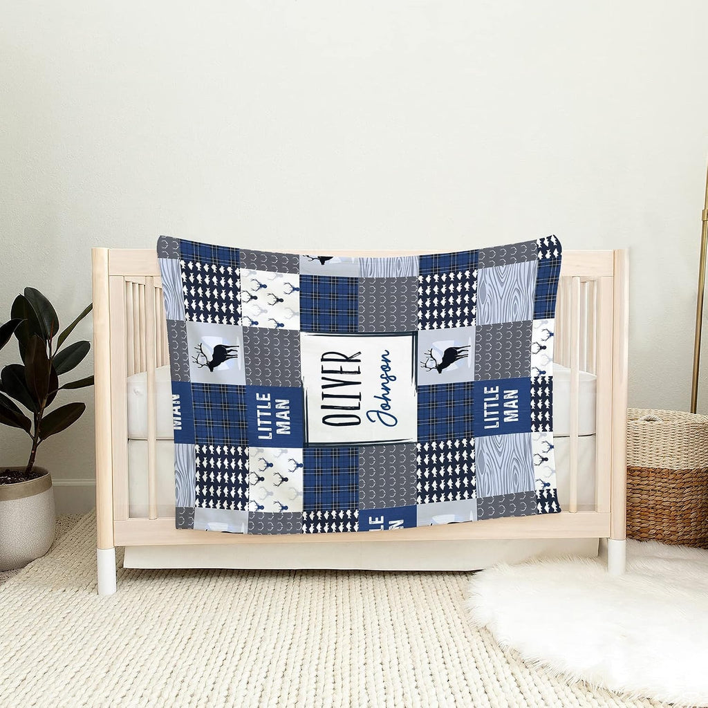 Woodland throw blanket draped over vintage wooden rocking chair in rustic cabin nursery